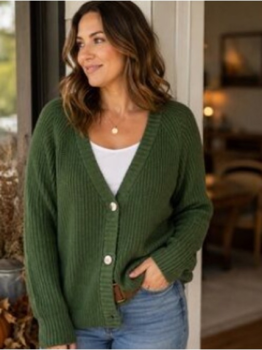 Sanctuary Olive Green Textured V-Neck Button Cardigan stick photo darker green.